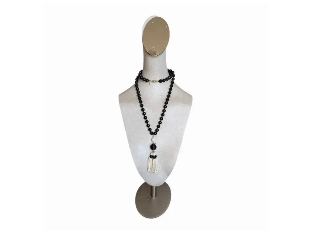 Amy Taylor Black Beaded Tassel Necklace Faux Pearl Statement Jewelry